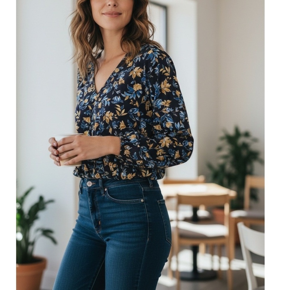 Anthropologie PLEIONE Navy Floral Print Long Sleeve Bodysuit Women's Size L Chic